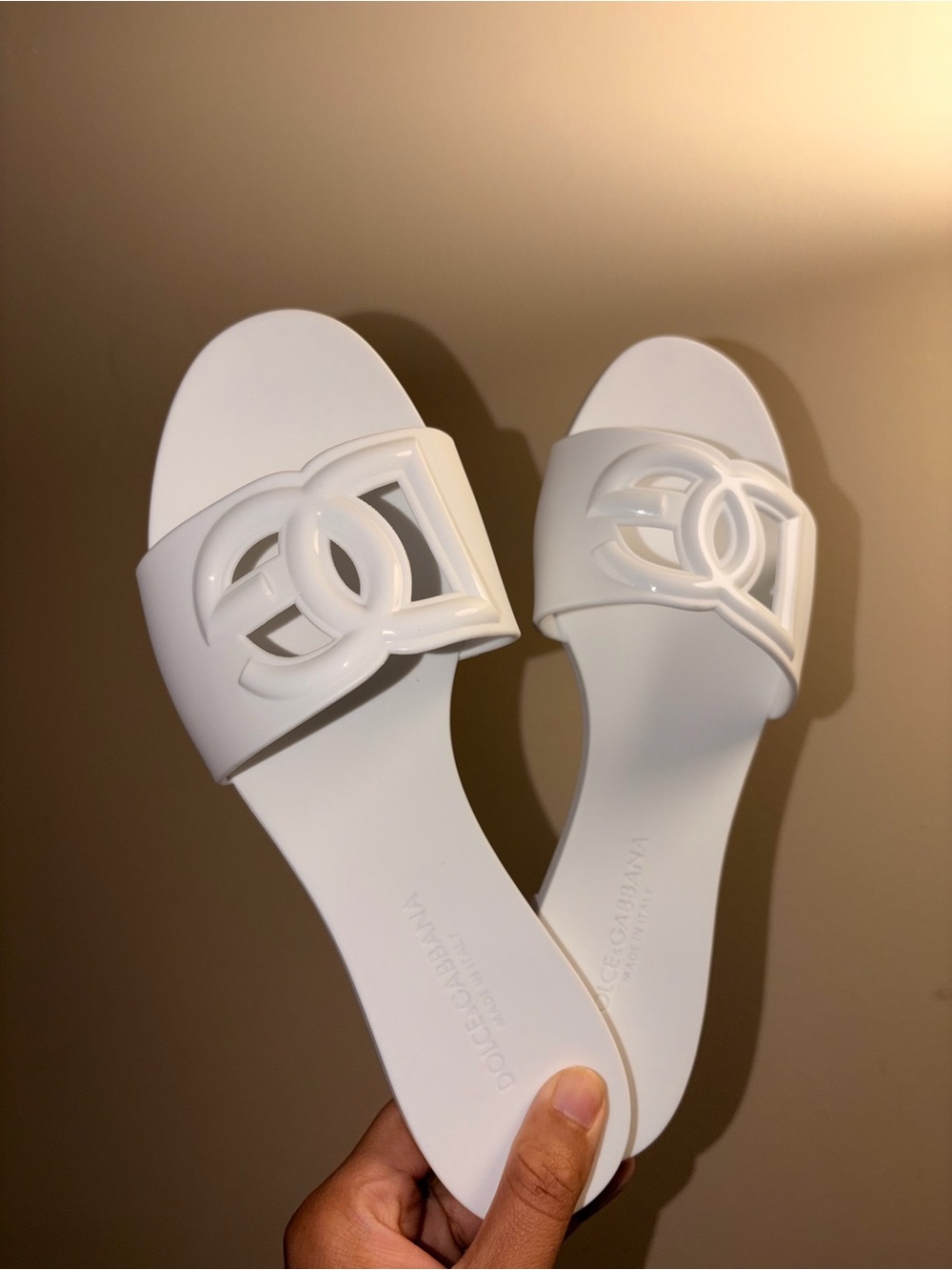 Dolce & Gabbana White Logo Slide Sandals with Interlocking Emblem